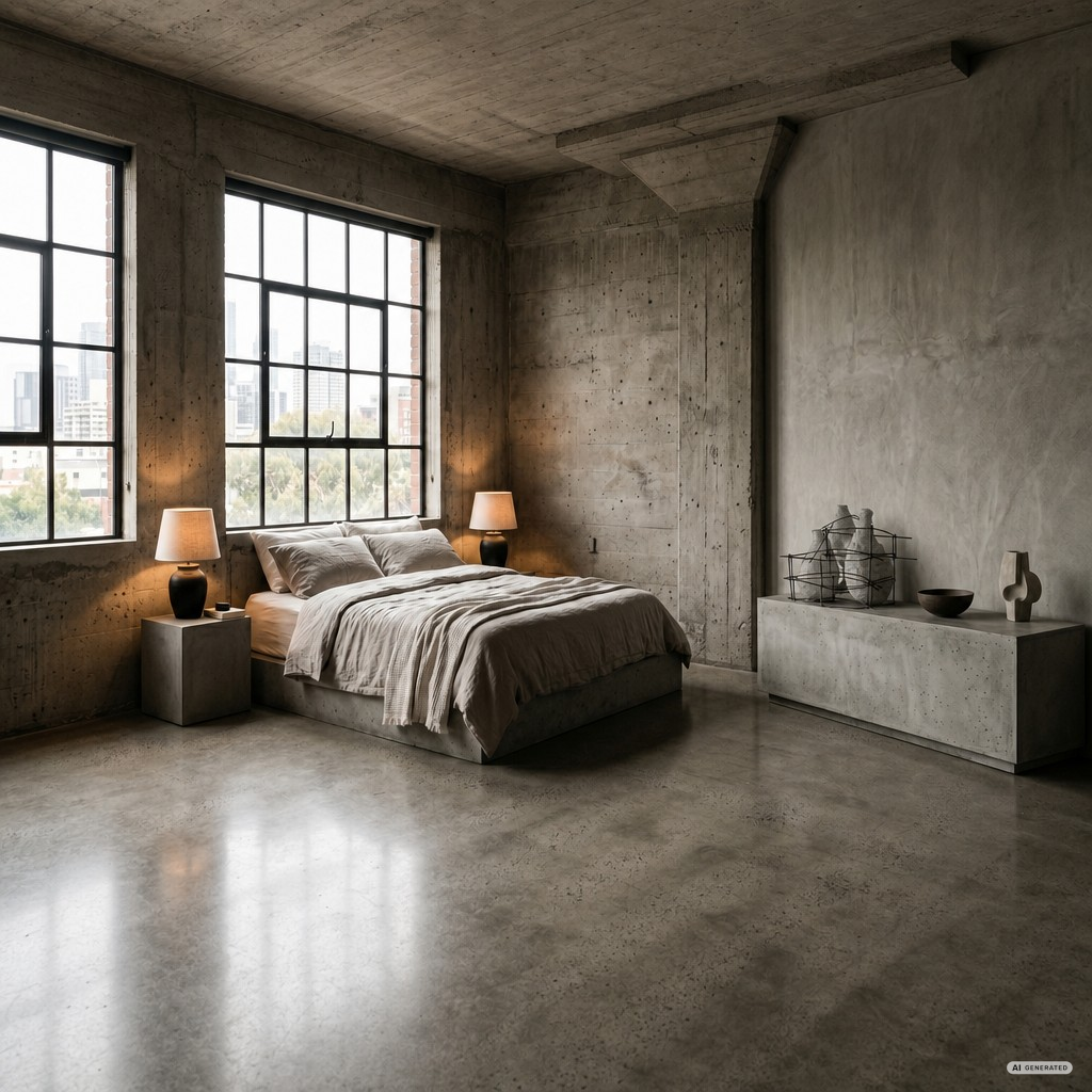 Sculpture in a minimalist concrete room with warm light
