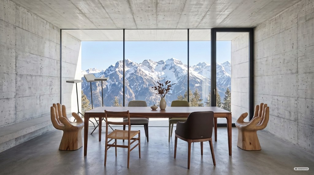 Showroom with dining table, designer chairs and mountain panorama