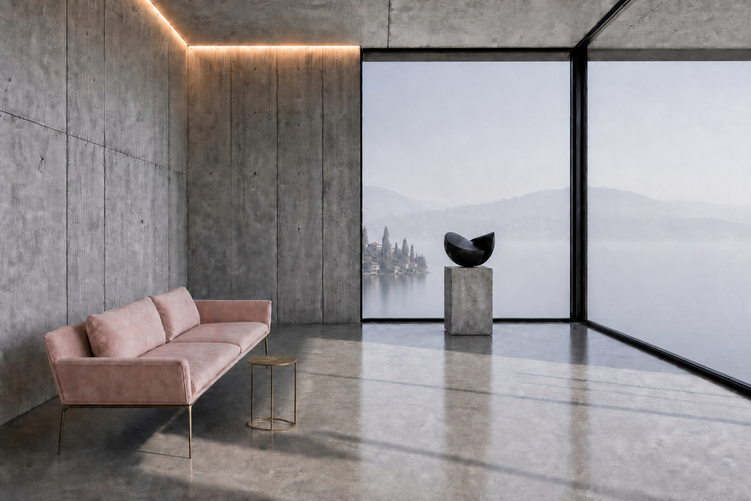 Interior with sculpture and misty view of Lake Garda