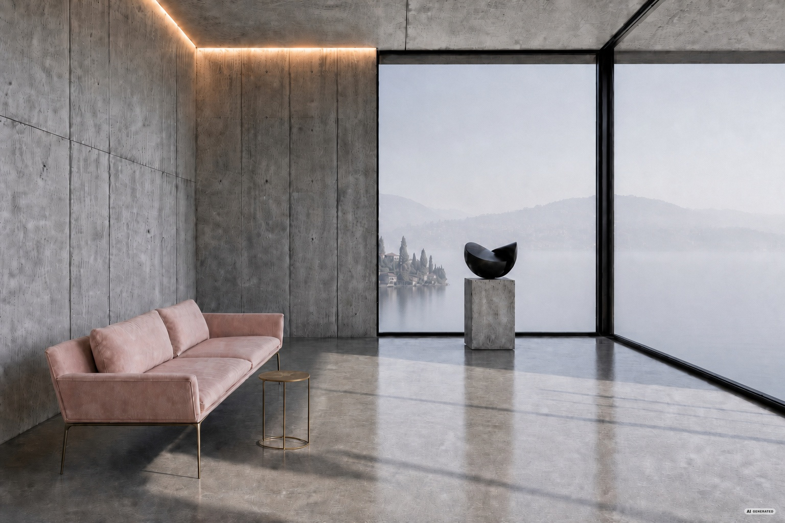 Interior with sculpture and misty view of Lake Garda